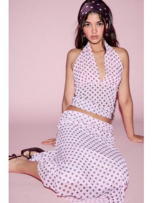 DeFacto Fitted Puantiyeli Halter Yaka Tül Pembe Bluz H5916AX26SM
