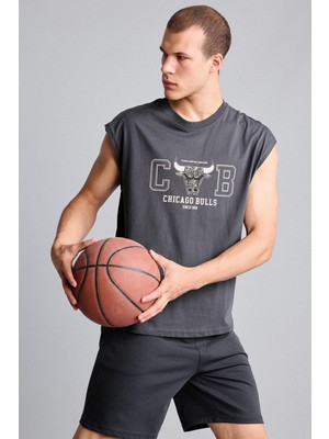 DeFacto %100 Pamuk NBA Chicago Bulls Lisanslı Oversize Antrasit Atlet H3860AX26SM