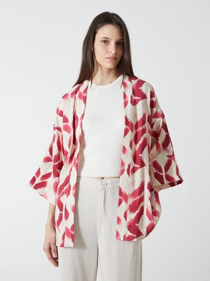 Lcw Vision Kırmızı Şal Yaka Desenli Oversize Kadın Kimono
