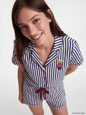 Lcw Dream Lacivert Gömlek Yaka Çizgili Kadın Şortlu Pijama Takımı