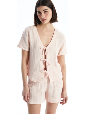 Lcw Dream Pembe V Yaka Müslin Kadın Şortlu Pijama Takımı