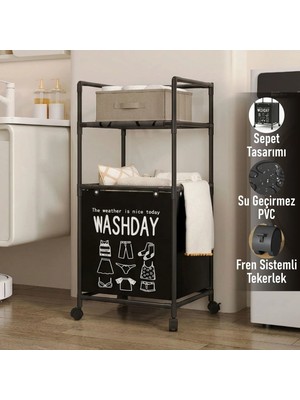Trend Maison Çamaşır Sepeti ve Düzenleyici Raf Ünitesi Tekerlekli Metal Gövdeli Kirli Çamaşır Organizeri