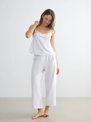 Lcw Dream Ekru Kare Yaka Dantel Detaylı Poplin Kadın Pijama Takım
