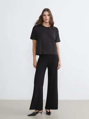 LC Waikiki Lcw Comfort Siyah Beli Lastikli Taşlı Soft Touch Kadın Eşofman Altı