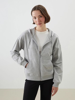 LC Waikiki Lcwaıkıkı Basic Gri Kapüşonlu Oversize Kadın Fermuarlı Sweatshirt