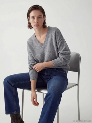 Lcw Vision Antrasit V Yaka Oversize Kadın Triko Kazak