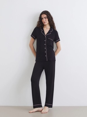 Lcw Dream Siyah Gömlek Yaka Kadın Pijama Takım