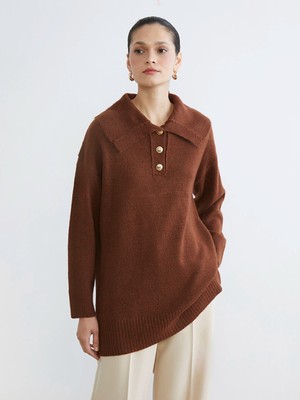 Lcw Modest Kahverengi Polo Yaka Kadın Triko Kazak