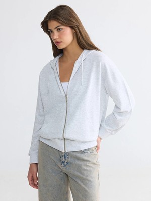 LC Waikiki Lcwaıkıkı Basic Beyaz Kapüşonlu Oversize Kadın Fermuarlı Sweatshirt