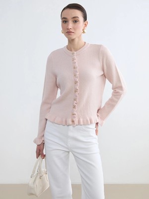 Lcw Modest Pembe Bisiklet Yaka Fırfırlı Kadın Triko Hırka