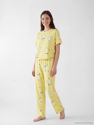 Lcw Young Sarı Bisiklet Yaka Desenli Kadın Pijama Takım