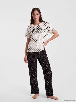 Lcw Dream Siyah Bisiklet Yaka Puantiyeli Kadın Pijama Takım