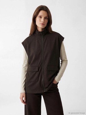 Lcw Modest Kahverengi Dik Yaka Oversize Büzgülü Kadın Yelek