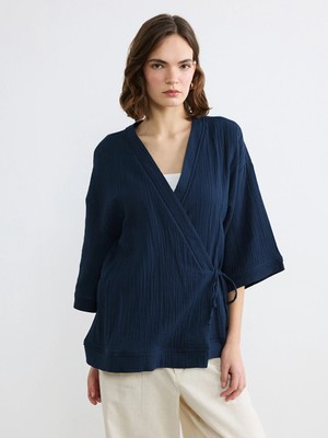 Lcw Vision Lacivert Kruvaze Yaka Dokulu Kadın Kimono