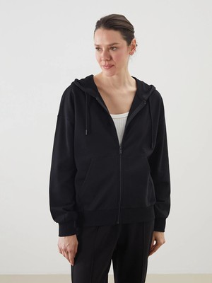 LC Waikiki Lcwaıkıkı Basic Siyah Kapüşonlu Oversize Kadın Fermuarlı Sweatshirt