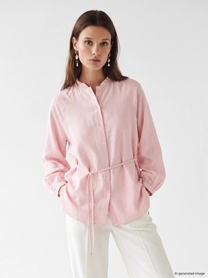 Lcw Modest Pembe Çizgili Oversize Kadın Gömlek Tunik