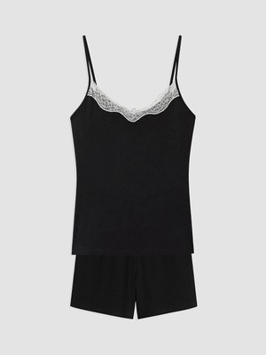 Lcw Dream Siyah Ip Askılı Dantelli Kadın Şortlu Pijama Takımı