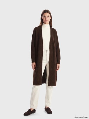 Lcw Modest Kahverengi Şal Yaka Oversize Kadın Triko Hırka