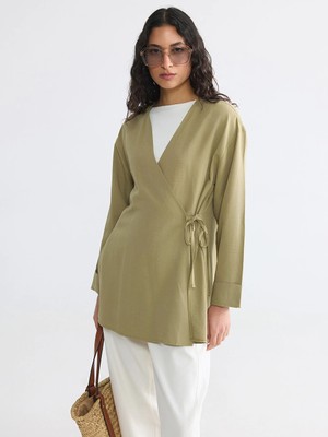 Lcw Modest Yeşil Kruvaze Yaka Keten Karışımlı Kadın Kimono