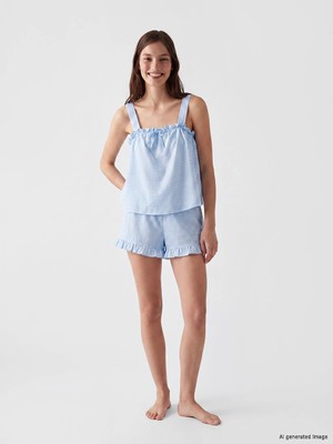 Lcw Dream Ekru Ekose Kadın Şortlu Pijama Takımı
