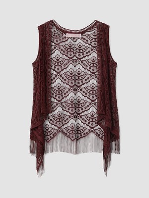 Lcw Dream Bordo Şal Yaka Dantelli Saçaklı Kadın Kimono