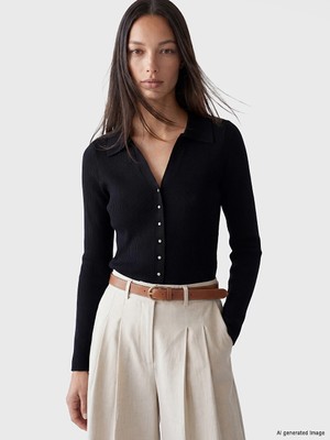 Lcw Vision Siyah Polo Yaka Kadın Triko Hırka