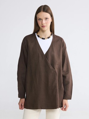 Lcw Modest Kahverengi Kruvaze Yaka Kadın %100 Keten Kimono