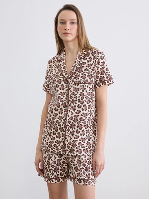 Lcw Dream Ekru Leopar Desenli Kadın Şortlu Pijama Takımı