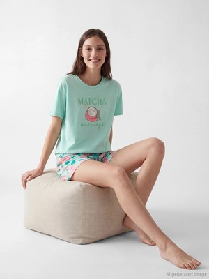 Lcw Dream Turkuaz Bisiklet Yaka Baskılı Kadın Şortlu Pijama Takımı