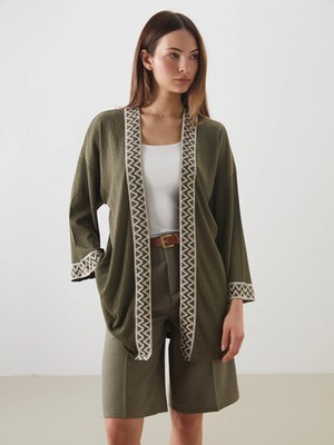 LC Waikiki Lcwaıkıkı Classic Haki Şal Yaka Desenli Oversize Kadın Hırka