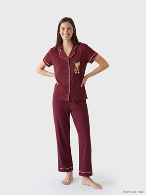 Lcw Dream Bordo Ayı Teddy Baskılı Kadın Pijama Takım