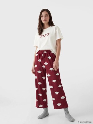 Lcw Young Bordo Bisiklet Yaka Baskılı Kadın Kaprili Pijama Takımı