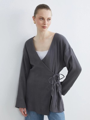LC Waikiki Lcw Everyday Gri Kruvaze Yaka Dokulu Kadın Müslin Kimono