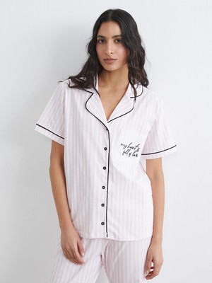 Lcw Dream Ekru Gömlek Yaka Çizgili Kadın Pijama Takım