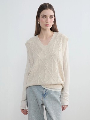 Lcw Modest Ekru Baklava Desenli Oversize Kadın Triko Süveter
