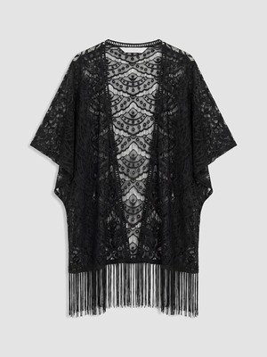 Lcw Dream Siyah Şal Yaka Dantelli Saçaklı Kadın Kimono