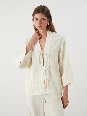 Lcw Vision Beyaz Şal Yaka Dokulu Oversize Kadın Kimono