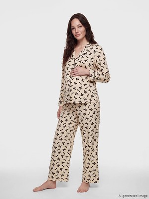 Lcw Dream Bej Gömlek Yaka Fiyonk Baskılı Hamile Pijama Takımı