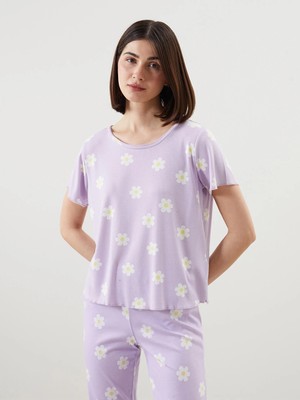 Lcw Young Lila Bisiklet Yaka Çiçekli Kadın Pijama Üstü