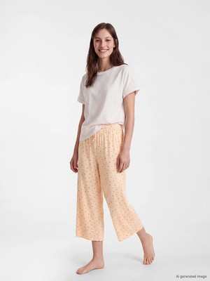 Lcw Dream Ekru Beli Lastikli Desenli Kadın Kapri Pijama Altı