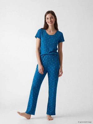 Lcw Dream Mavi Bisiklet Yaka Çiçekli Kadın Pijama Takımı