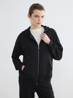 LC Waikiki Lcwaıkıkı Basic Siyah Kapüşonlu Oversize Kadın Fermuarlı Sweatshirt