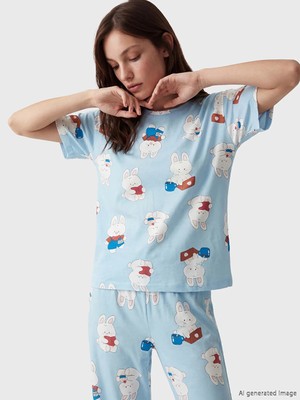 Lcw Young Mavi Bisiklet Yaka Baskılı Kadın Pijama Takımı