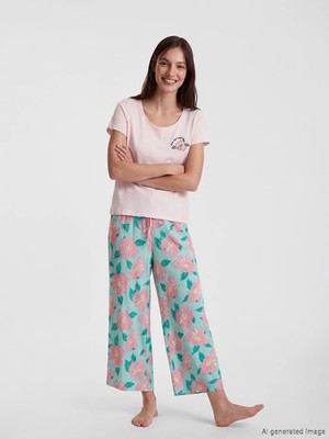 Lcw Dream Turkuaz Bisiklet Yaka Çiçekli Kadın Kaprili Pijama Takımı