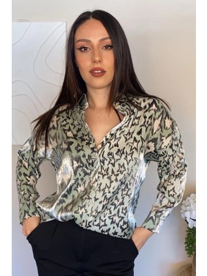 Ded Collection Kadın Beyaz Yıldız Desenli Parlak Uzun Kol Saten Kumaş Gömlek
