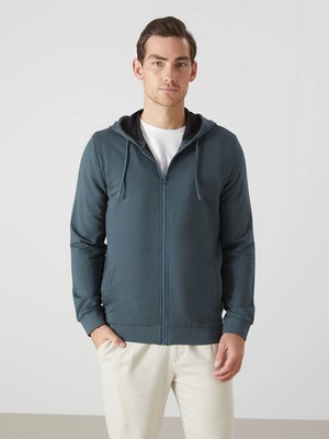 LC Waikiki Lcwaıkıkı Basic Petrol Kapüşonlu Uzun Kollu Erkek Fermuarlı Sweatshirt