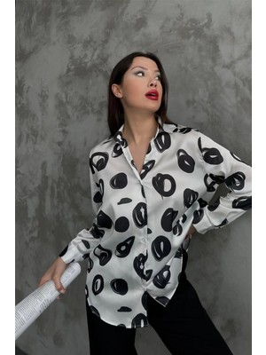 Ded Collection Kadın Desenli Saten Uzun Kollu Gömlek
