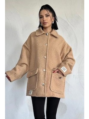 Ded Collection Kadın Cep Kapaklı Düğme Detaylı Yumoş Kumaş Astarlı Teddy Tarz Oversize Kaban Ceket