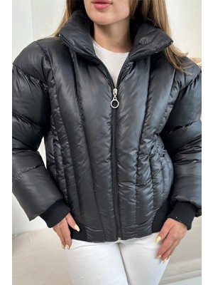 Ded Collection Kadın Parlak Kumaş Kısa Boy Yüksek Yaka Fermuarlı Trend Şişme Mont