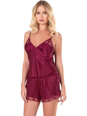 MiraLive Bordo Saten Babydoll Şort Takımı